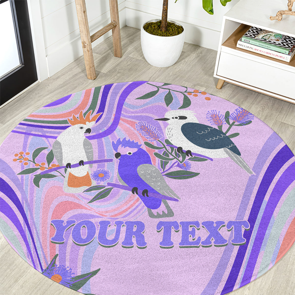 personalised-australia-hippie-christmas-round-carpet-cockatoo-kookaburra-with-wattle-violet-pastel-color