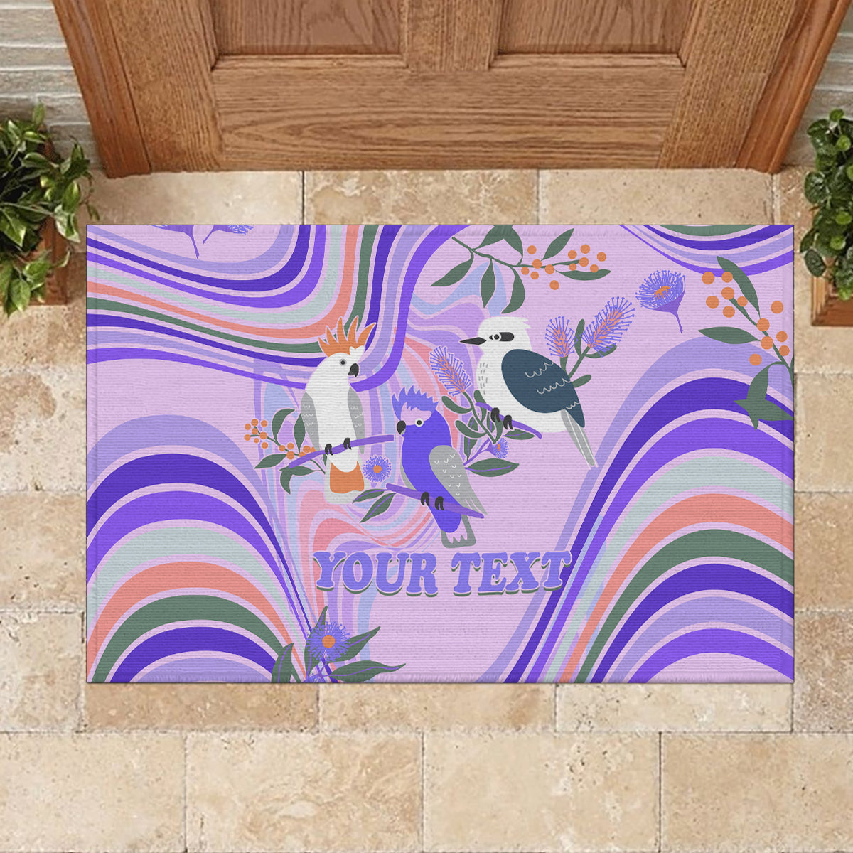 personalised-australia-hippie-christmas-rubber-doormat-cockatoo-kookaburra-with-wattle-violet-pastel-color