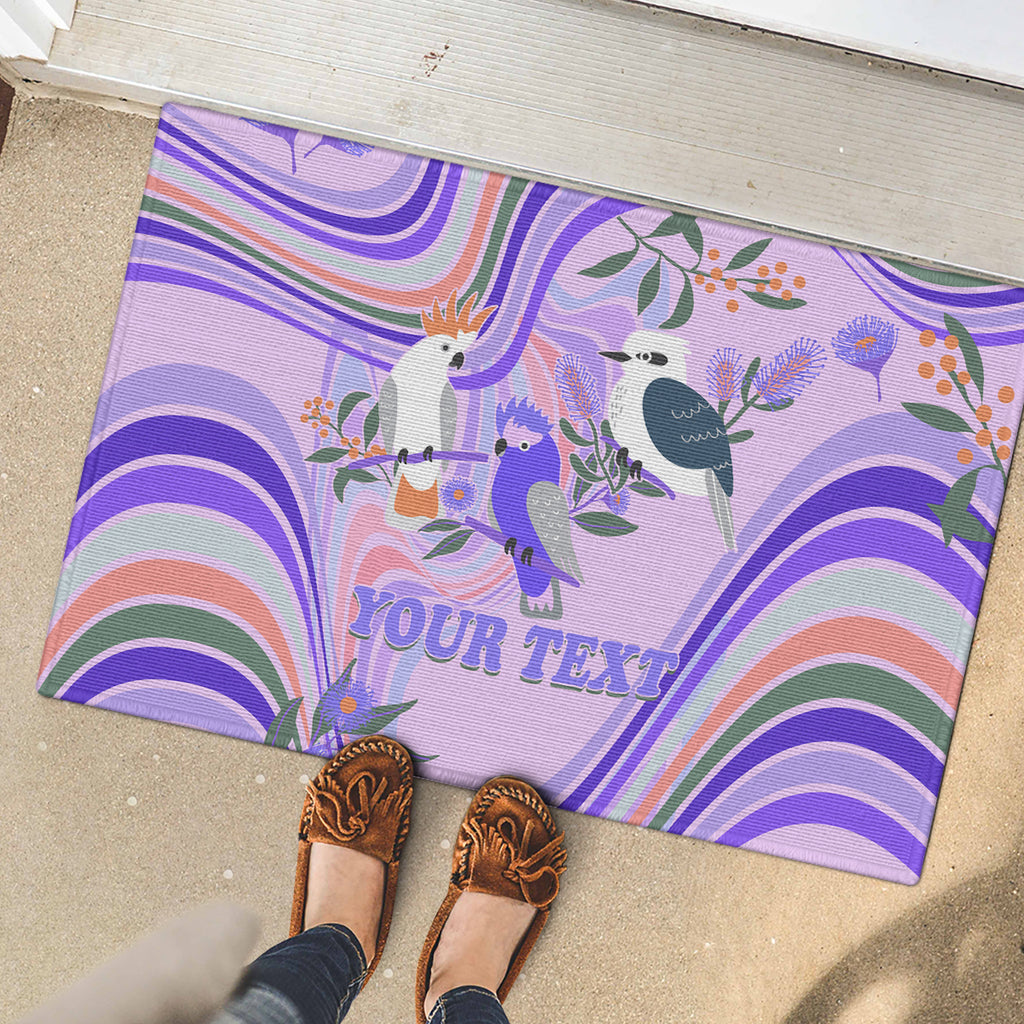personalised-australia-hippie-christmas-rubber-doormat-cockatoo-kookaburra-with-wattle-violet-pastel-color