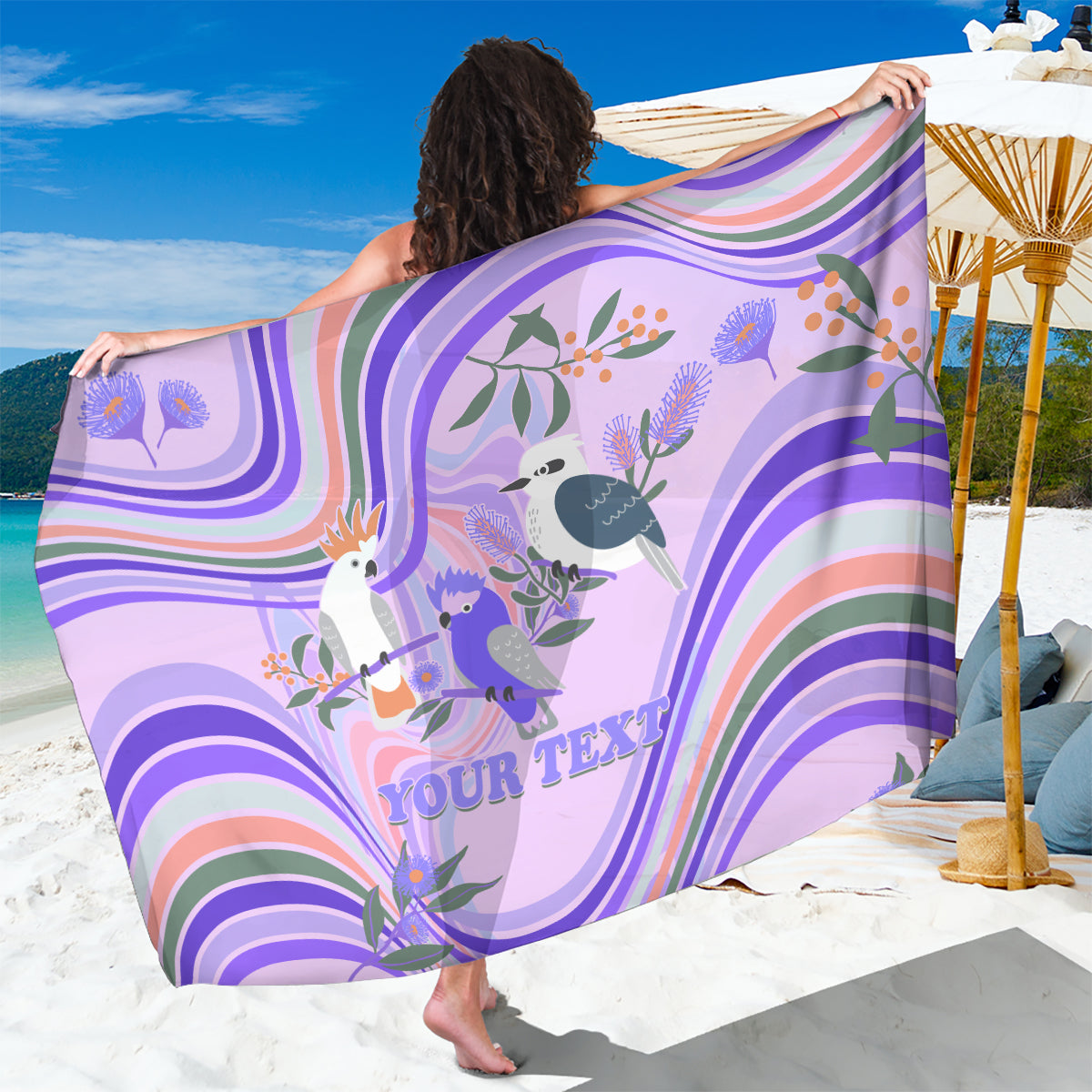 personalised-australia-hippie-christmas-sarong-cockatoo-kookaburra-with-wattle-violet-pastel-color