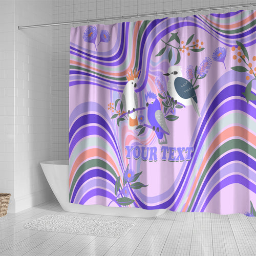 personalised-australia-hippie-christmas-shower-curtain-cockatoo-kookaburra-with-wattle-violet-pastel-color