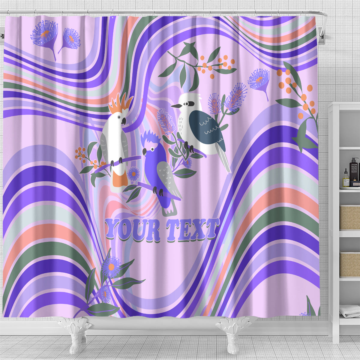 personalised-australia-hippie-christmas-shower-curtain-cockatoo-kookaburra-with-wattle-violet-pastel-color