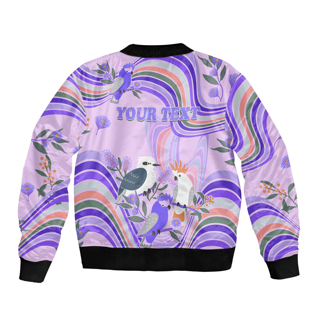 personalised-australia-hippie-christmas-sleeve-zip-bomber-jacket-cockatoo-kookaburra-with-wattle-violet-pastel-color