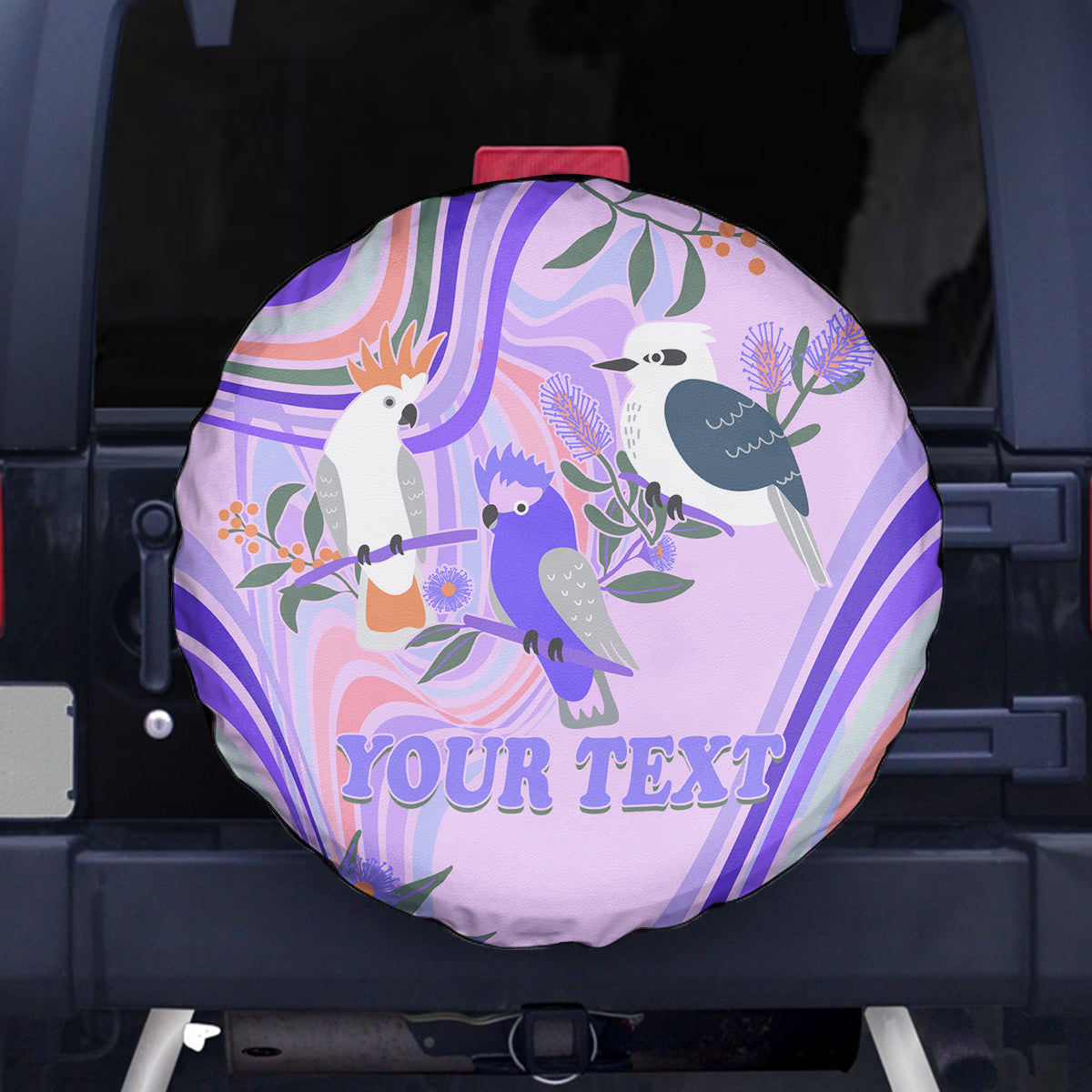 personalised-australia-hippie-christmas-spare-tire-cover-cockatoo-kookaburra-with-wattle-violet-pastel-color