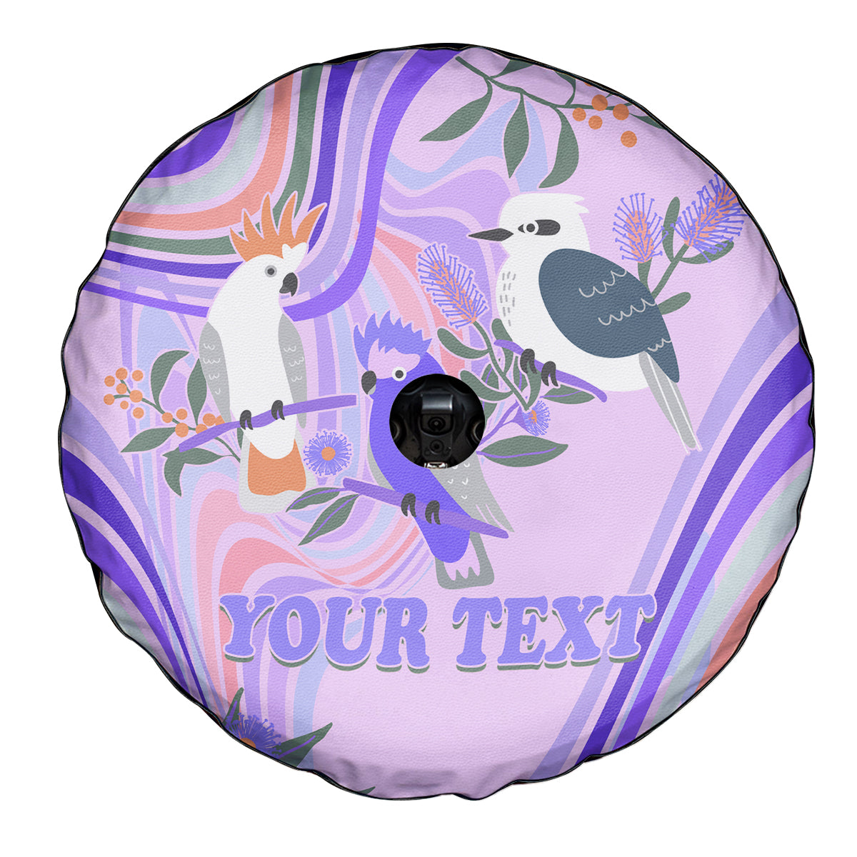 personalised-australia-hippie-christmas-spare-tire-cover-cockatoo-kookaburra-with-wattle-violet-pastel-color