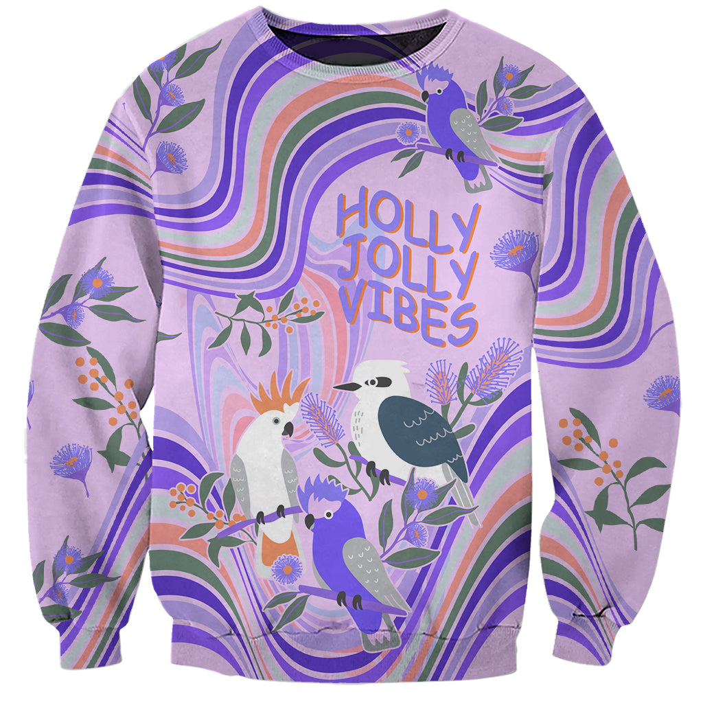 personalised-australia-hippie-christmas-sweatshirt-cockatoo-kookaburra-with-wattle-violet-pastel-color