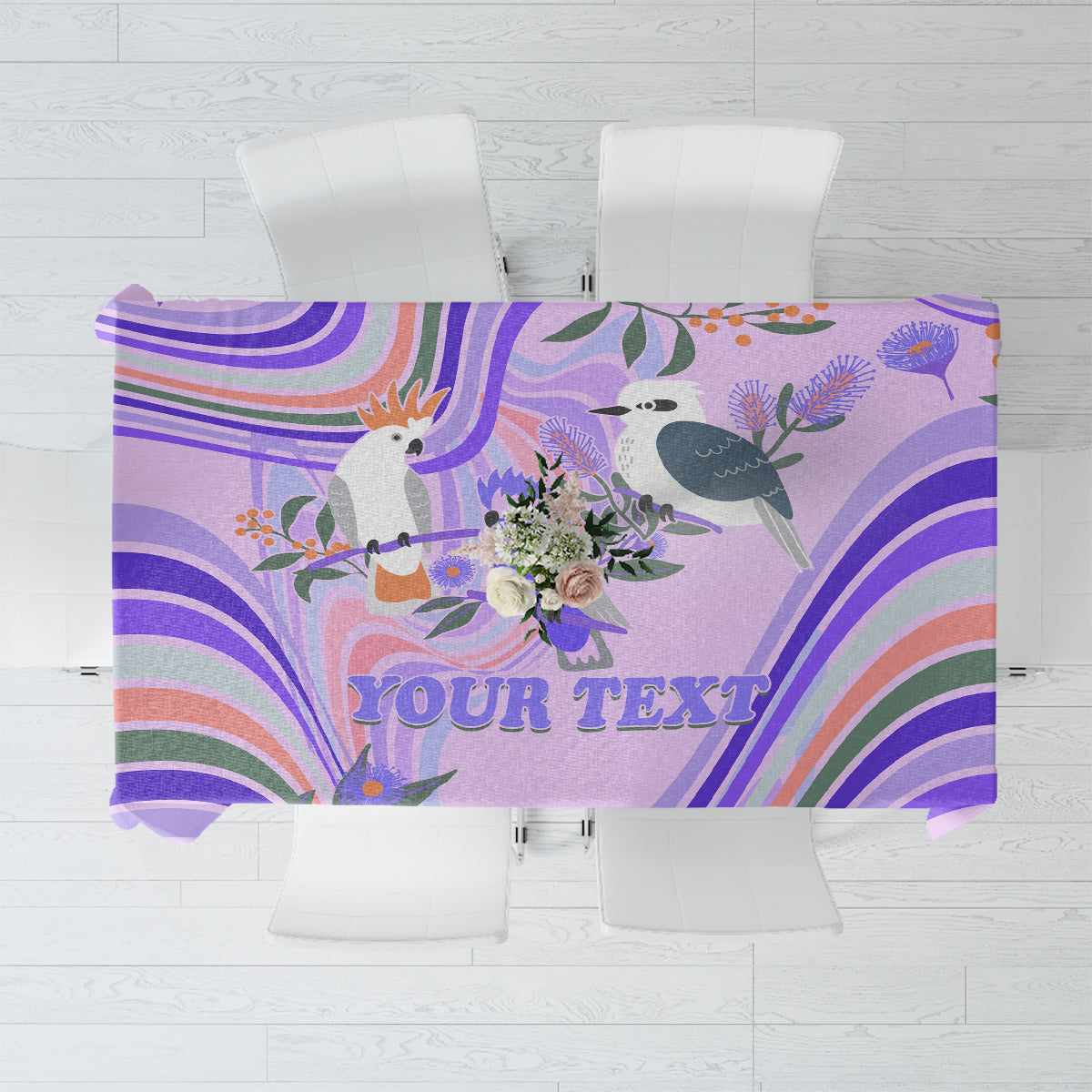 personalised-australia-hippie-christmas-tablecloth-cockatoo-kookaburra-with-wattle-violet-pastel-color