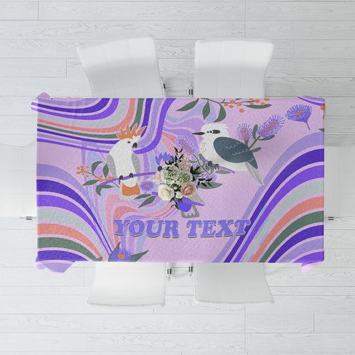 personalised-australia-hippie-christmas-tablecloth-cockatoo-kookaburra-with-wattle-violet-pastel-color