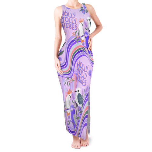 personalised-australia-hippie-christmas-tank-maxi-dress-cockatoo-kookaburra-with-wattle-violet-pastel-color