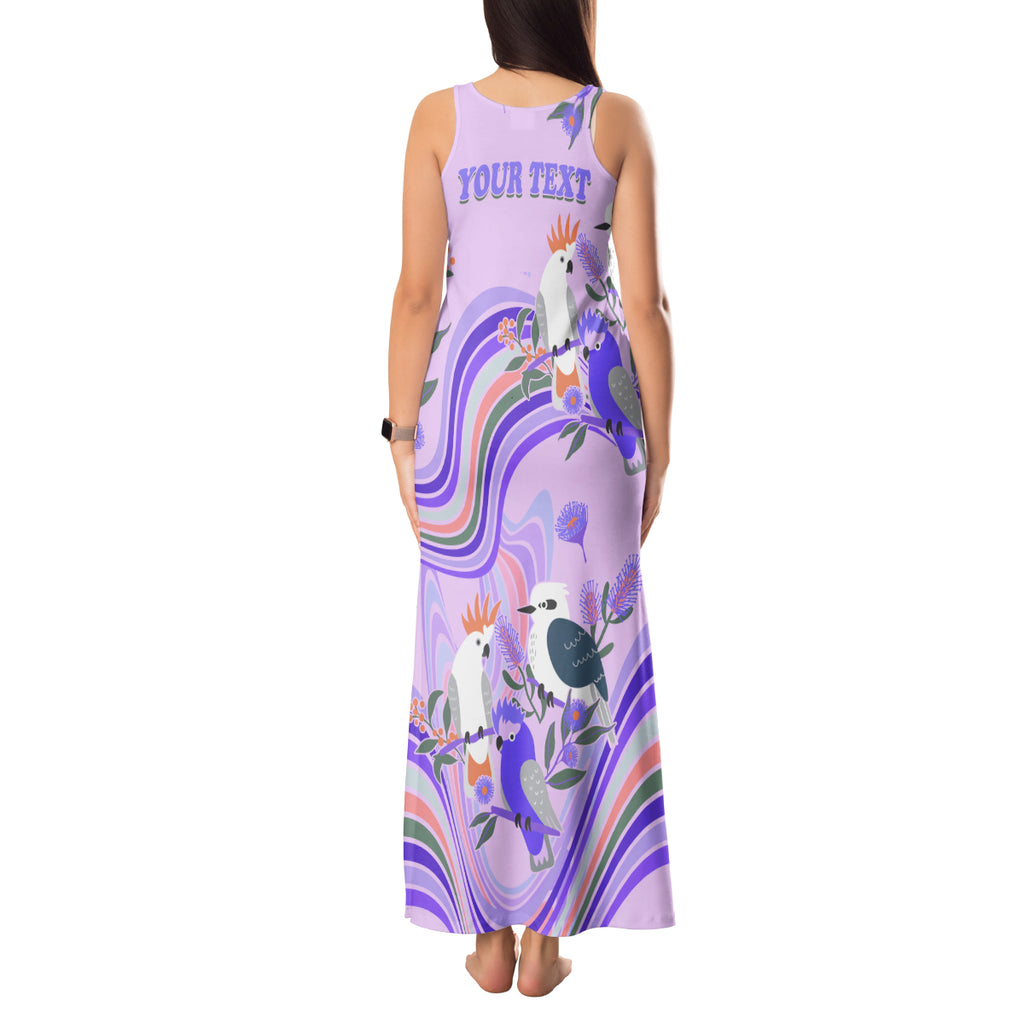 personalised-australia-hippie-christmas-tank-maxi-dress-cockatoo-kookaburra-with-wattle-violet-pastel-color