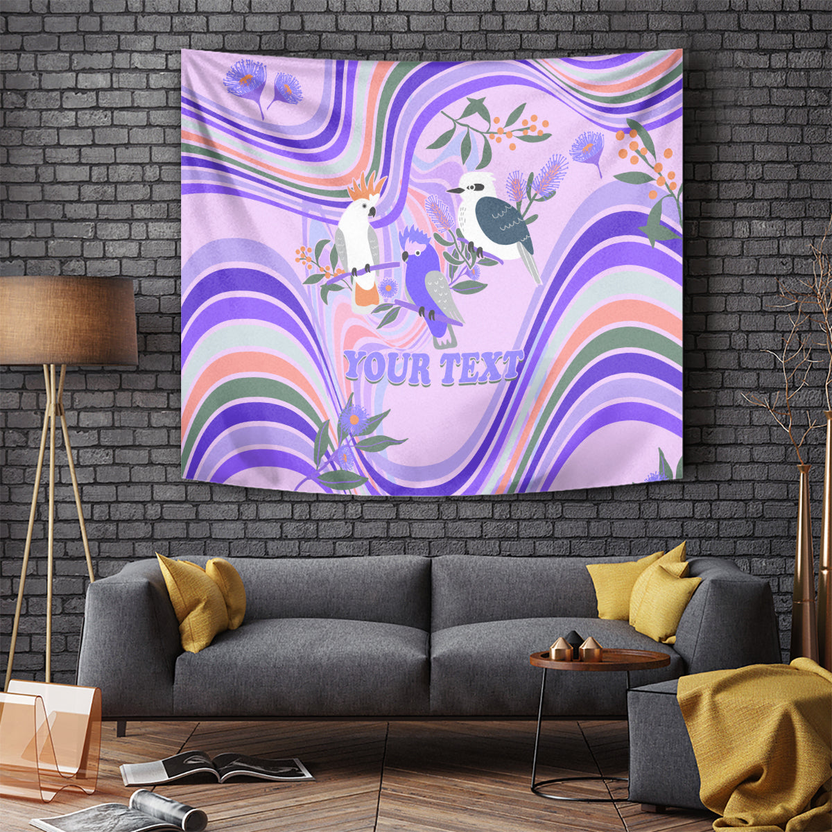 personalised-australia-hippie-christmas-tapestry-cockatoo-kookaburra-with-wattle-violet-pastel-color