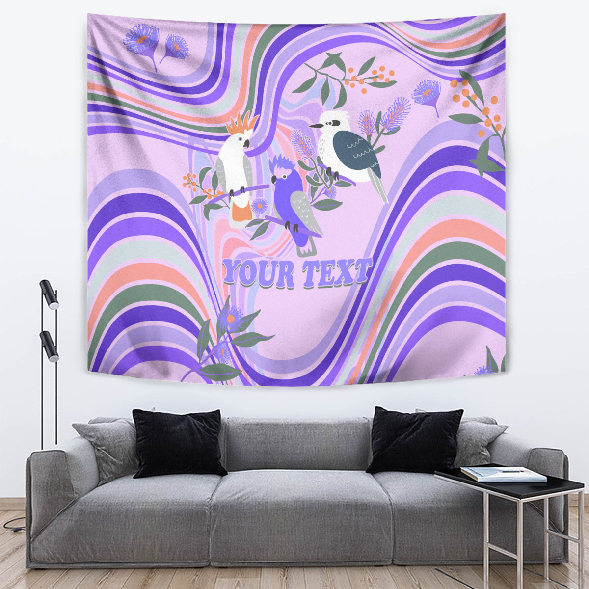 personalised-australia-hippie-christmas-tapestry-cockatoo-kookaburra-with-wattle-violet-pastel-color