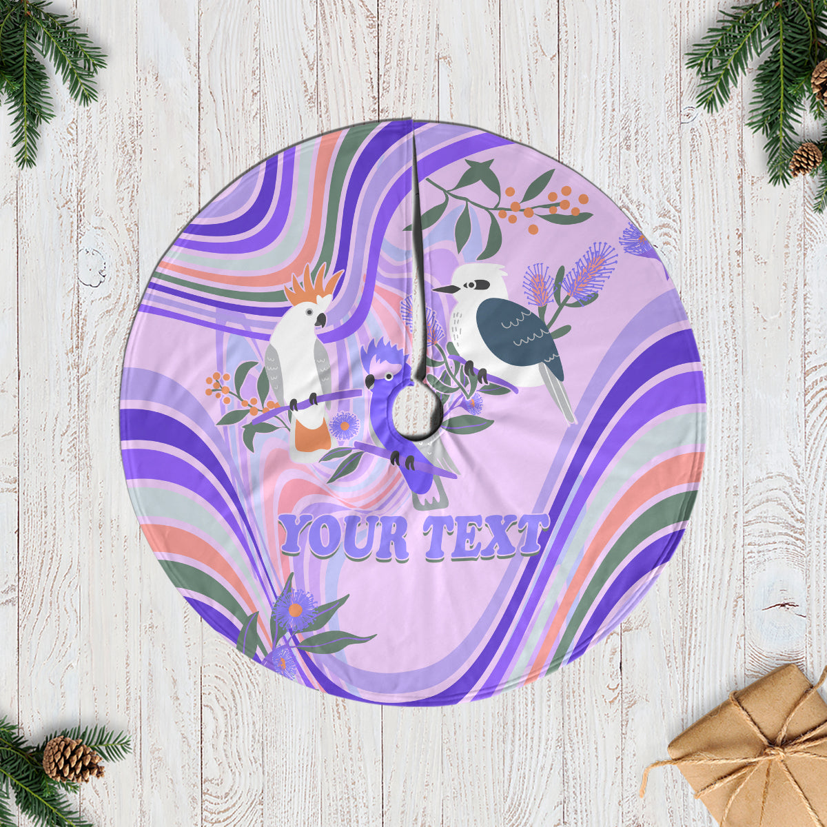 personalised-australia-hippie-christmas-tree-skirt-cockatoo-kookaburra-with-wattle-violet-pastel-color