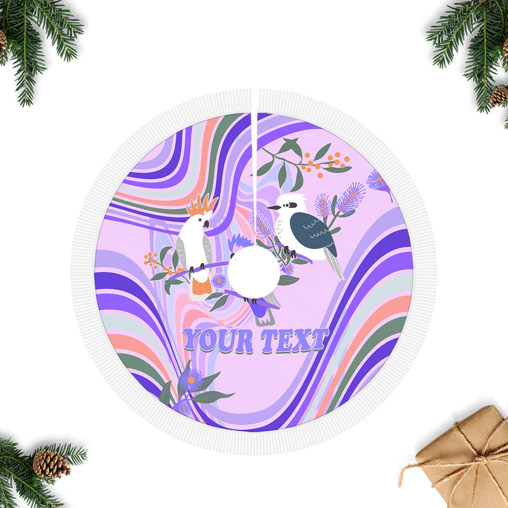 personalised-australia-hippie-christmas-tree-skirt-cockatoo-kookaburra-with-wattle-violet-pastel-color