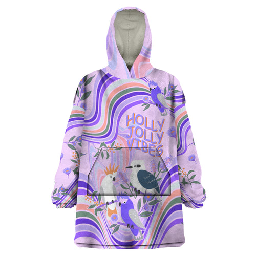 personalised-australia-hippie-christmas-wearable-blanket-hoodie-cockatoo-kookaburra-with-wattle-violet-pastel-color