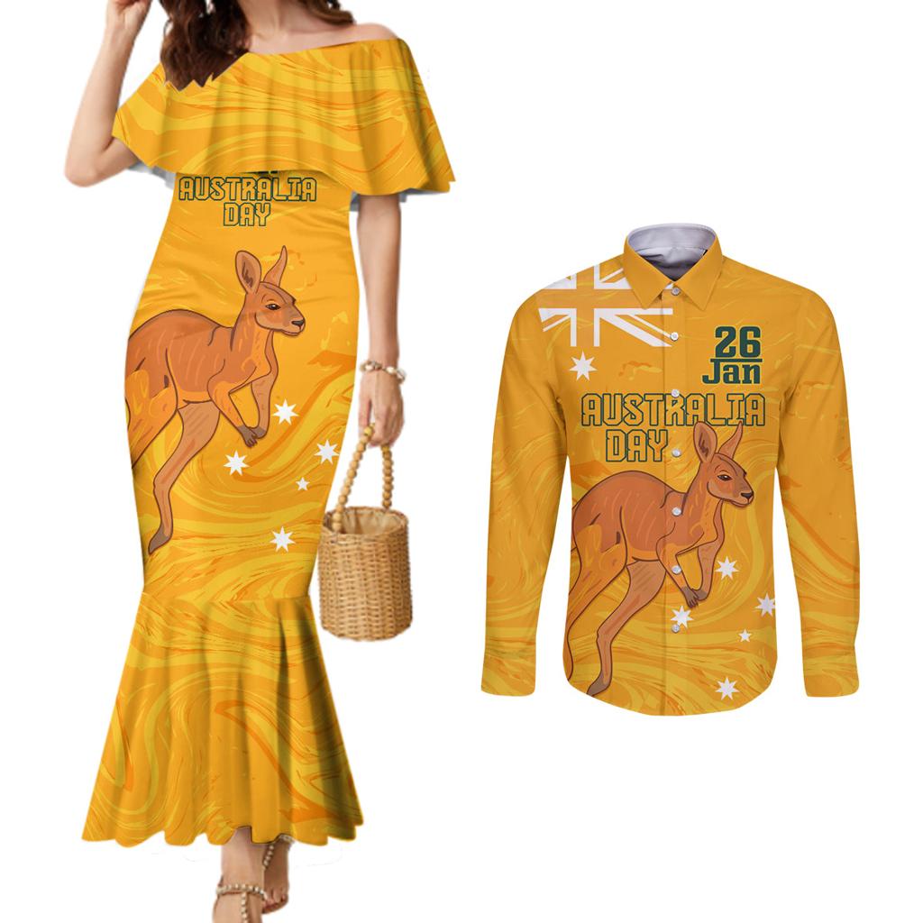 Personalised Matildas Australia Day Couples Matching Mermaid Dress and Long Sleeve Button Shirt Proud To Be Tillies Gold Version