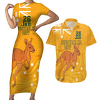 Personalised Matildas Australia Day Couples Matching Short Sleeve Bodycon Dress and Hawaiian Shirt Proud To Be Tillies Gold Version