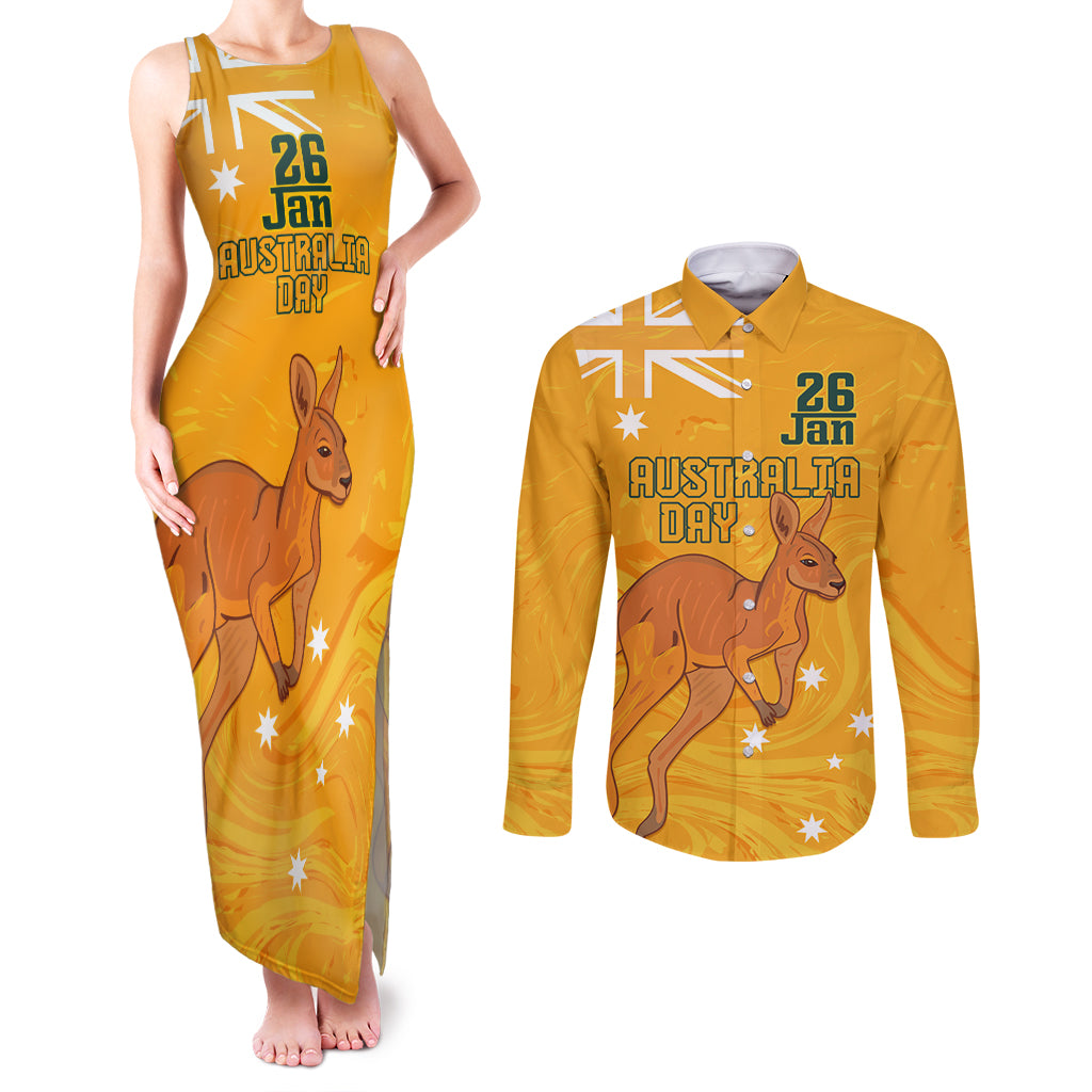 Personalised Matildas Australia Day Couples Matching Tank Maxi Dress and Long Sleeve Button Shirt Proud To Be Tillies Gold Version