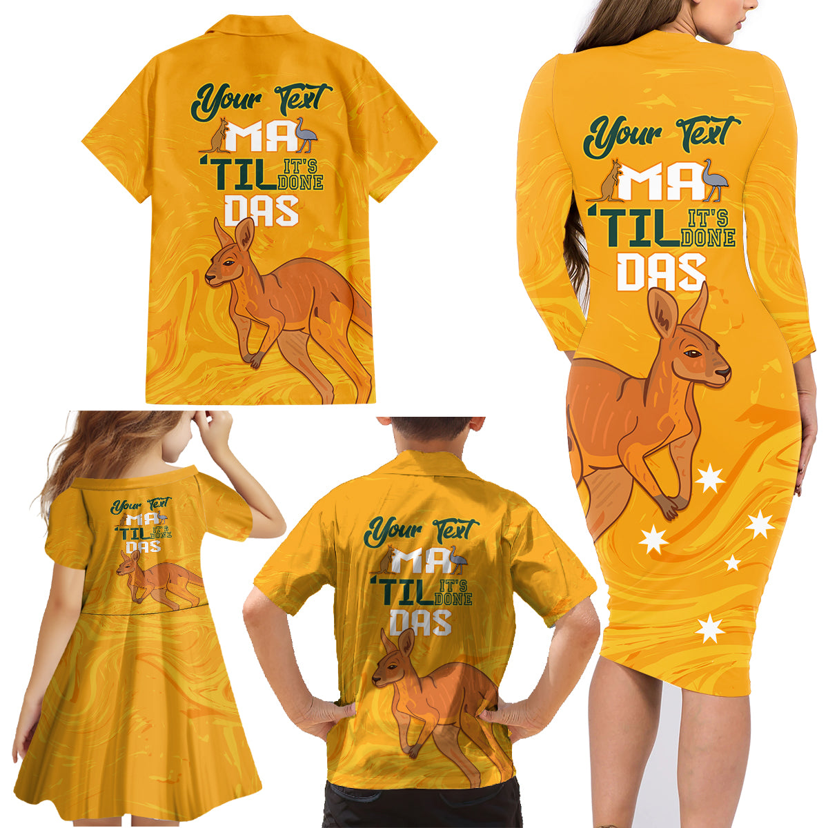 Personalised Matildas Australia Day Family Matching Long Sleeve Bodycon Dress and Hawaiian Shirt Proud To Be Tillies Gold Version