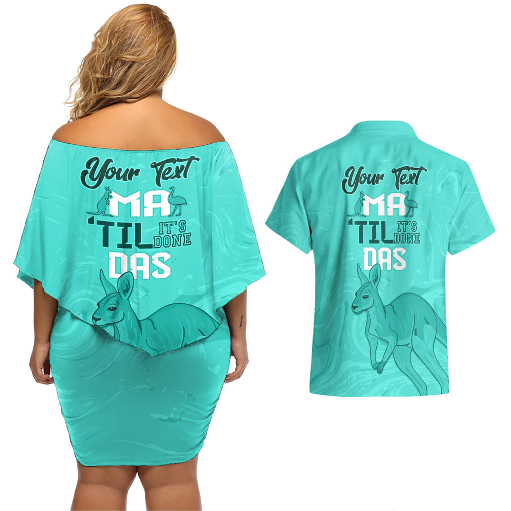 Personalised Matildas Australia Day Couples Matching Off Shoulder Short Dress and Hawaiian Shirt Proud To Be Tillies Turquoise Version