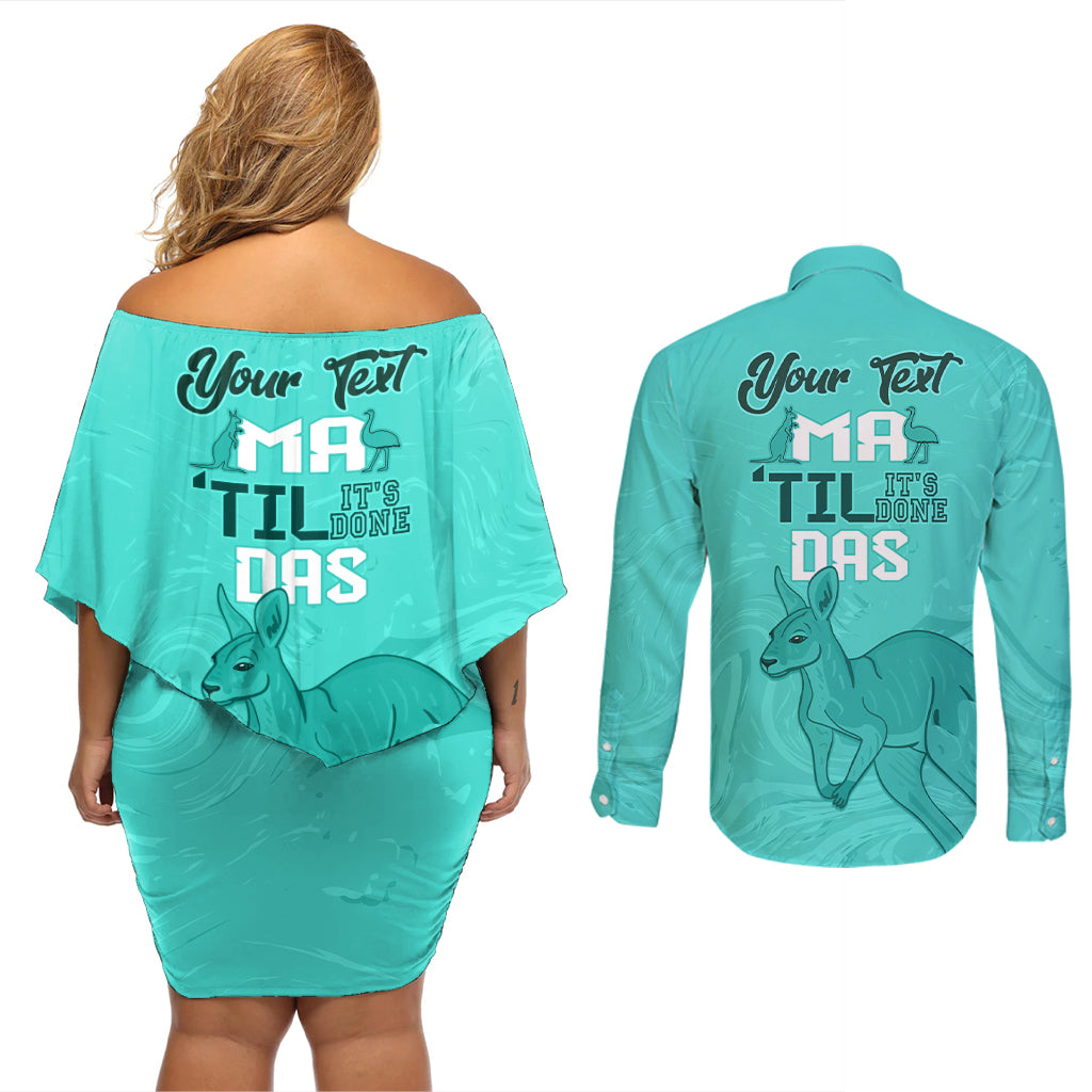 Personalised Matildas Australia Day Couples Matching Off Shoulder Short Dress and Long Sleeve Button Shirt Proud To Be Tillies Turquoise Version