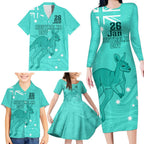 Personalised Matildas Australia Day Family Matching Long Sleeve Bodycon Dress and Hawaiian Shirt Proud To Be Tillies Turquoise Version