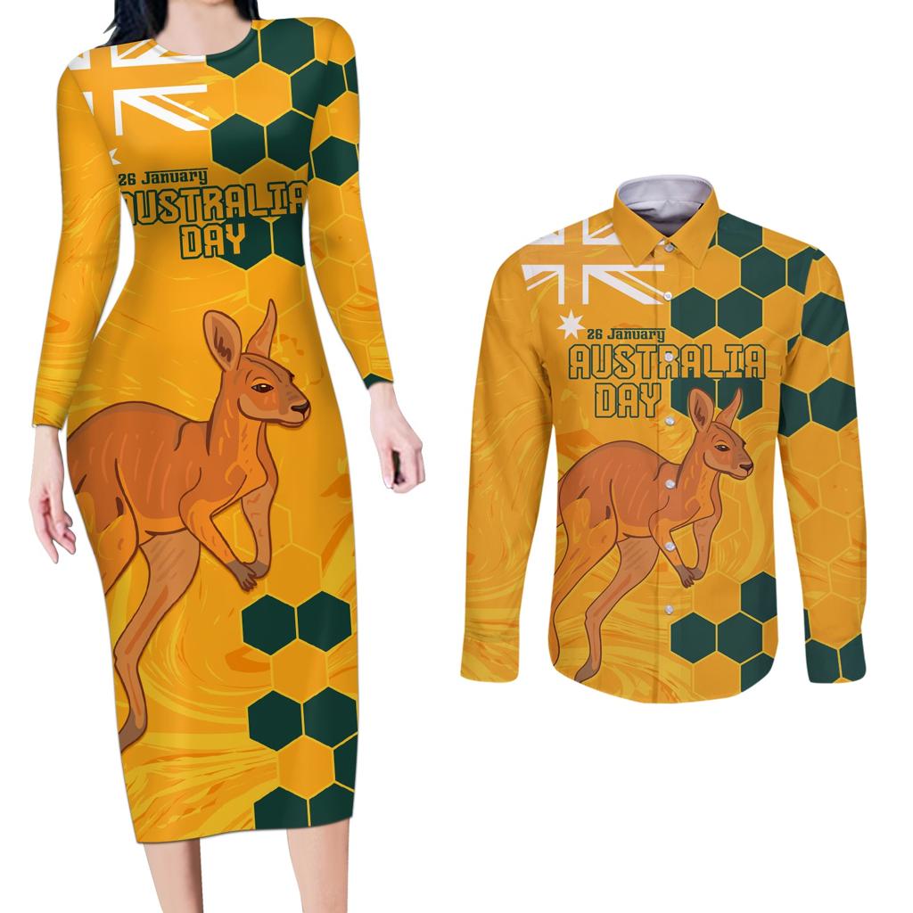 Custom Australia Day Soccer Socceroos Couples Matching Long Sleeve Bodycon Dress and Long Sleeve Button Shirt We Are One And Free