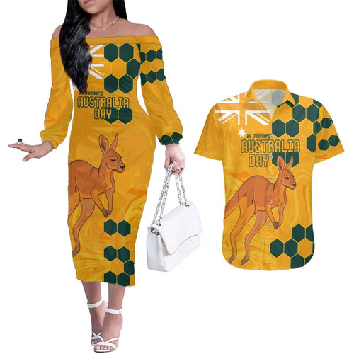 Custom Australia Day Soccer Socceroos Couples Matching Off The Shoulder Long Sleeve Dress and Hawaiian Shirt We Are One And Free