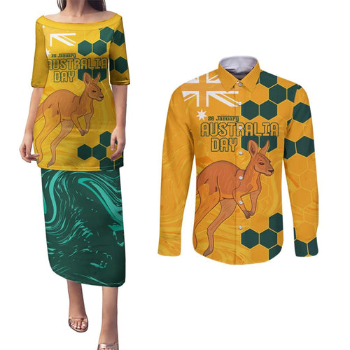Custom Australia Day Soccer Socceroos Couples Matching Puletasi and Long Sleeve Button Shirt We Are One And Free