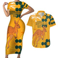 Custom Australia Day Soccer Socceroos Couples Matching Short Sleeve Bodycon Dress and Hawaiian Shirt We Are One And Free