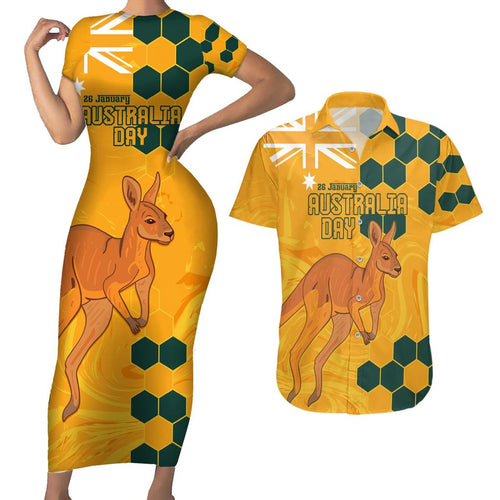 Custom Australia Day Soccer Socceroos Couples Matching Short Sleeve Bodycon Dress and Hawaiian Shirt We Are One And Free