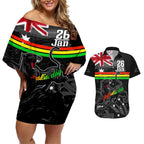 Personalised NRL Panthers Australia Day Couples Matching Off Shoulder Short Dress and Hawaiian Shirt Proud Of Our Boys Black