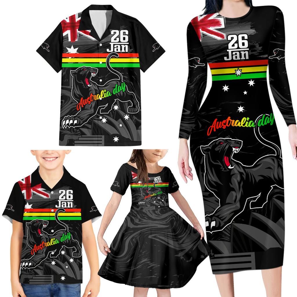 Personalised NRL Panthers Australia Day Family Matching Long Sleeve Bodycon Dress and Hawaiian Shirt Proud Of Our Boys Black