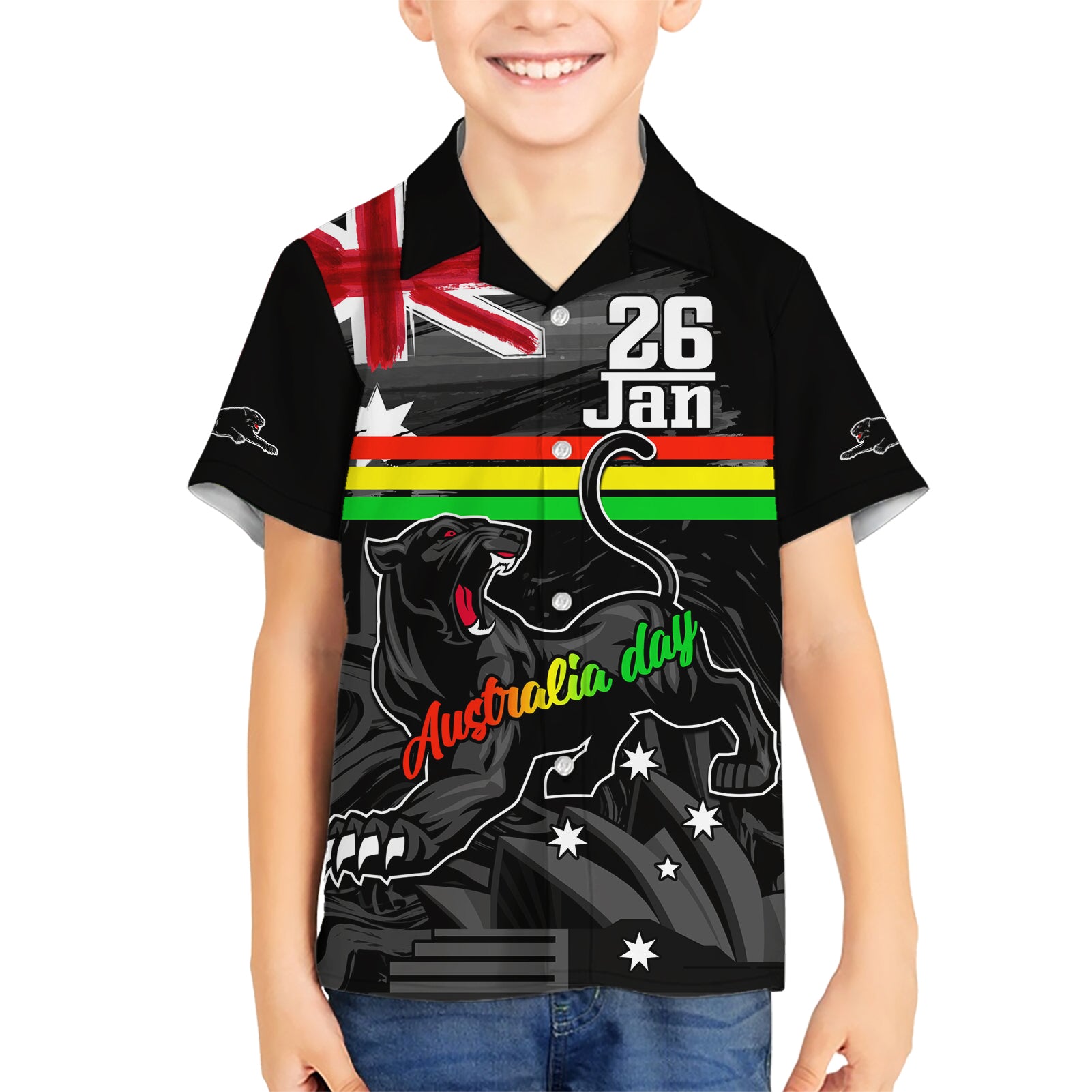 Personalised NRL Panthers Australia Day Hawaiian Shirt Proud Of Our Boys Black