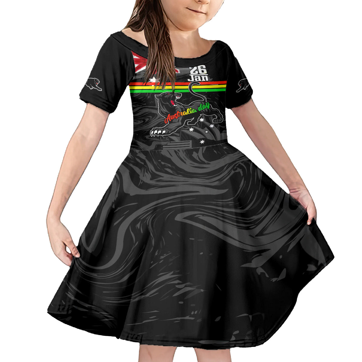 Personalised NRL Panthers Australia Day Kid Short Sleeve Dress Proud Of Our Boys Black