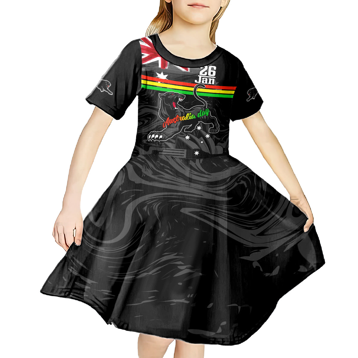 Personalised NRL Panthers Australia Day Kid Short Sleeve Dress Proud Of Our Boys Black