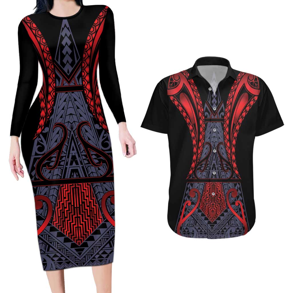 Custom New Zealand Couples Matching Long Sleeve Bodycon Dress and Hawaiian Shirt Maori Kiwiana Pattern Tukutuku Motif