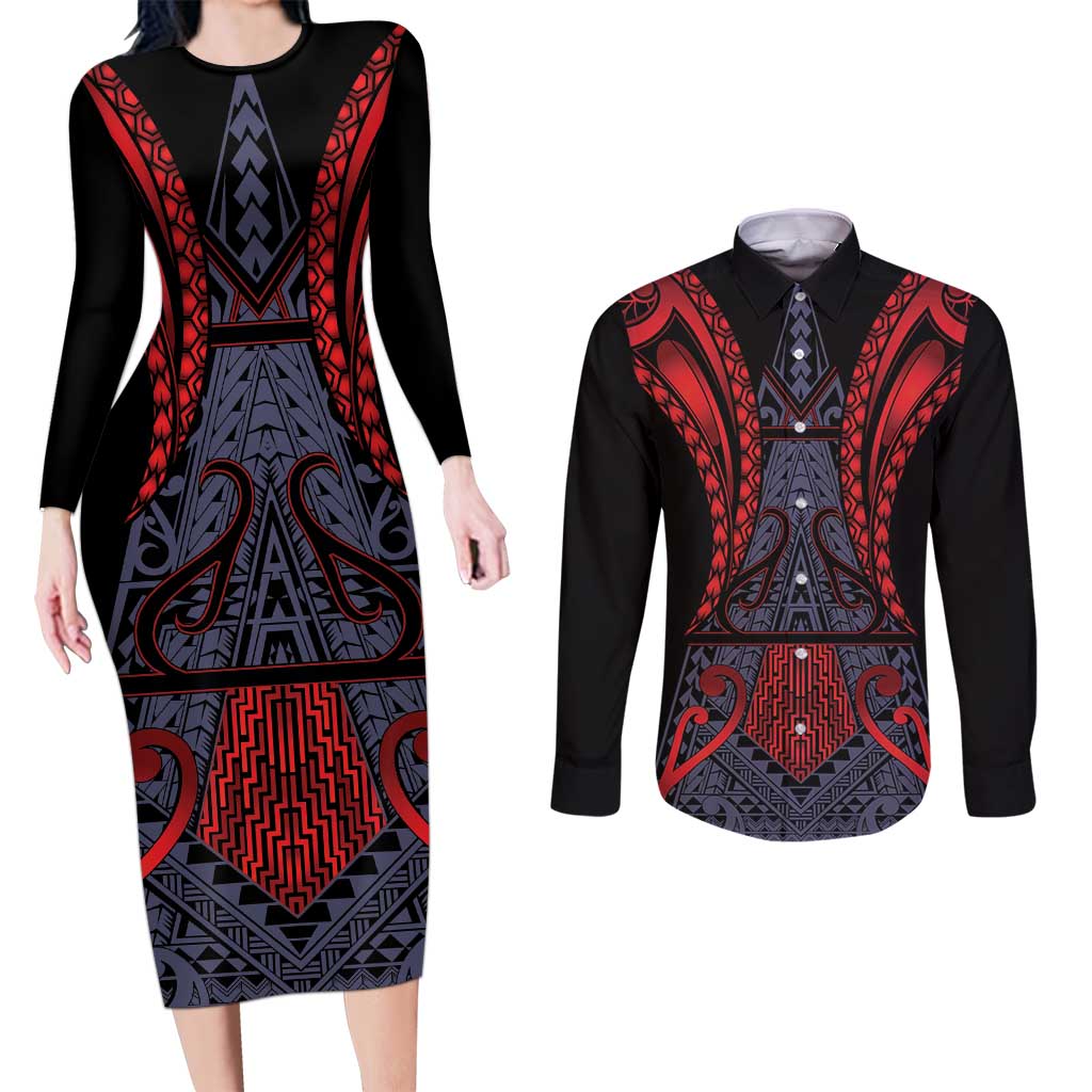 Custom New Zealand Couples Matching Long Sleeve Bodycon Dress and Long Sleeve Button Shirt Maori Kiwiana Pattern Tukutuku Motif