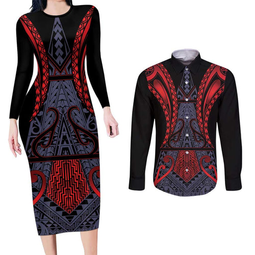 Custom New Zealand Couples Matching Long Sleeve Bodycon Dress and Long Sleeve Button Shirt Maori Kiwiana Pattern Tukutuku Motif