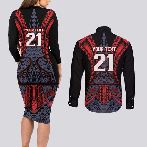 Custom New Zealand Couples Matching Long Sleeve Bodycon Dress and Long Sleeve Button Shirt Maori Kiwiana Pattern Tukutuku Motif