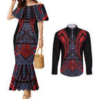Custom New Zealand Couples Matching Mermaid Dress and Long Sleeve Button Shirt Maori Kiwiana Pattern Tukutuku Motif