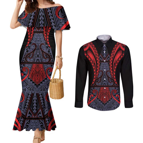 Custom New Zealand Couples Matching Mermaid Dress and Long Sleeve Button Shirt Maori Kiwiana Pattern Tukutuku Motif