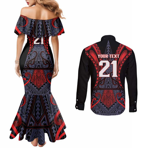 Custom New Zealand Couples Matching Mermaid Dress and Long Sleeve Button Shirt Maori Kiwiana Pattern Tukutuku Motif