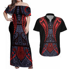 Custom New Zealand Couples Matching Off Shoulder Maxi Dress and Hawaiian Shirt Maori Kiwiana Pattern Tukutuku Motif