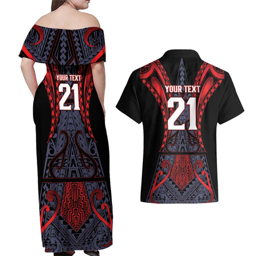 Custom New Zealand Couples Matching Off Shoulder Maxi Dress and Hawaiian Shirt Maori Kiwiana Pattern Tukutuku Motif