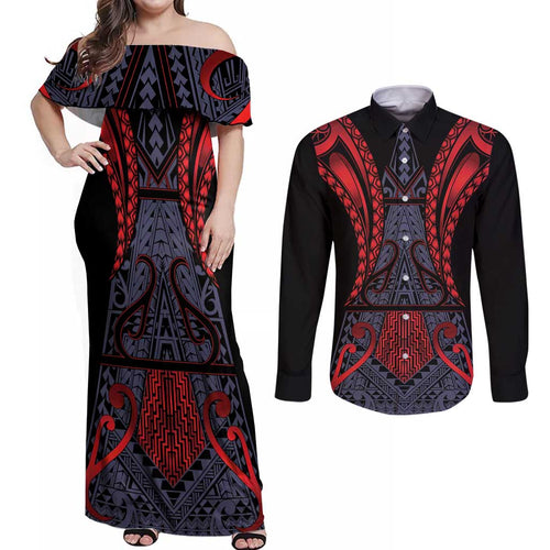 Custom New Zealand Couples Matching Off Shoulder Maxi Dress and Long Sleeve Button Shirt Maori Kiwiana Pattern Tukutuku Motif