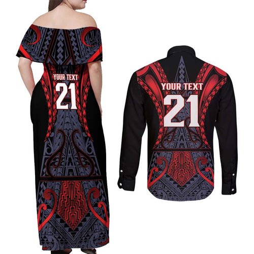 Custom New Zealand Couples Matching Off Shoulder Maxi Dress and Long Sleeve Button Shirt Maori Kiwiana Pattern Tukutuku Motif