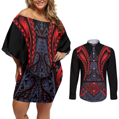 Custom New Zealand Couples Matching Off Shoulder Short Dress and Long Sleeve Button Shirt Maori Kiwiana Pattern Tukutuku Motif