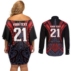 Custom New Zealand Couples Matching Off Shoulder Short Dress and Long Sleeve Button Shirt Maori Kiwiana Pattern Tukutuku Motif