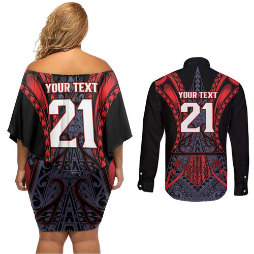 Custom New Zealand Couples Matching Off Shoulder Short Dress and Long Sleeve Button Shirt Maori Kiwiana Pattern Tukutuku Motif